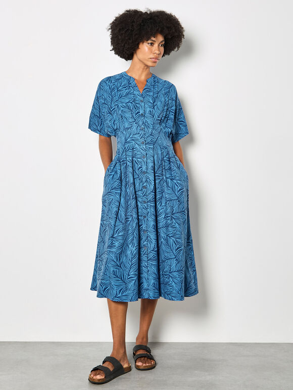 Leaf Print Shirt Midi Dress, Blue, large