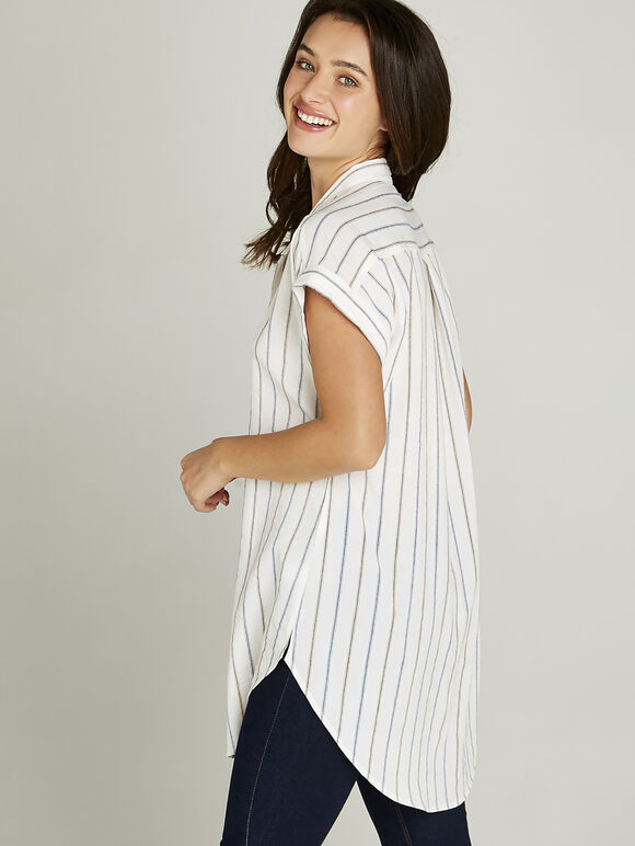 White Striped Short Turn Up Sleeve Shirt, White, large