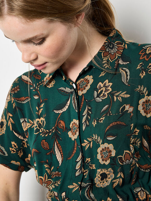 Sarasa Floral Shirt Midi Dress, Green, large