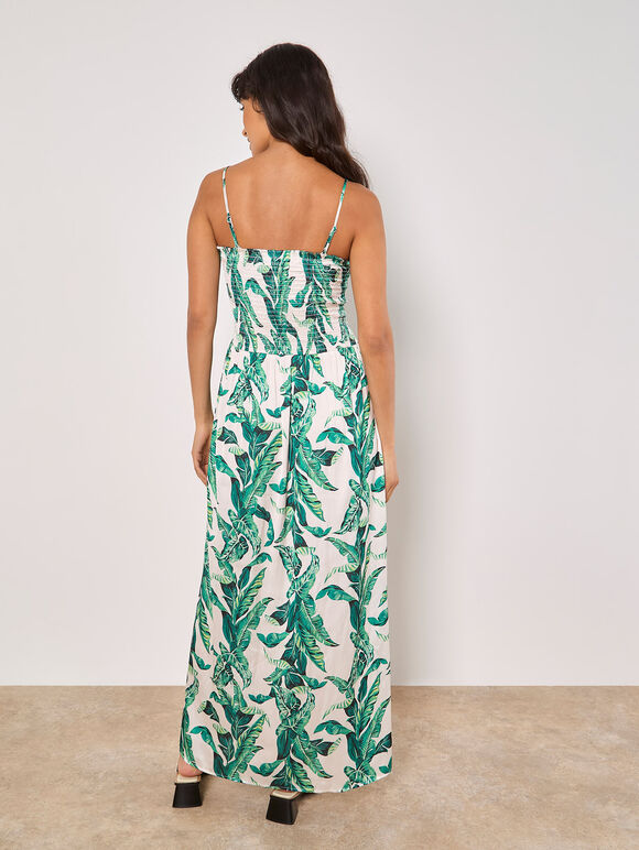Tropical Leaf Satin Maxi Dress, Stone, large