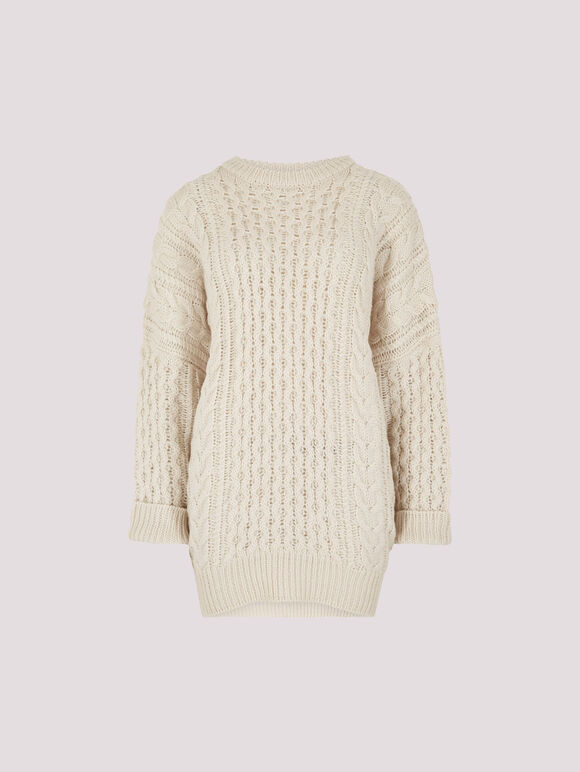 Oversized Cable Knit Jumper Mini Dress, Cream, large