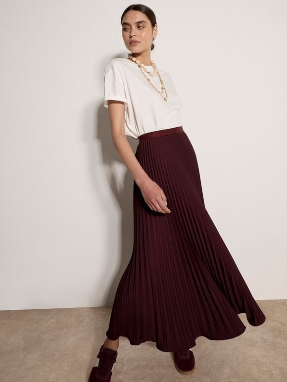 Ruffle Hem Pleated Maxi Skirt, Plum, large