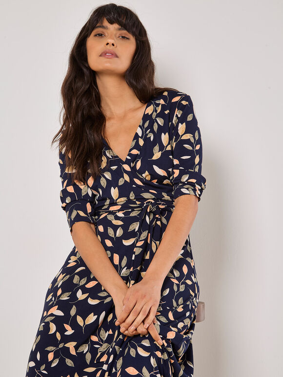 Leaf Print Wrap Maxi Dress, Navy, large