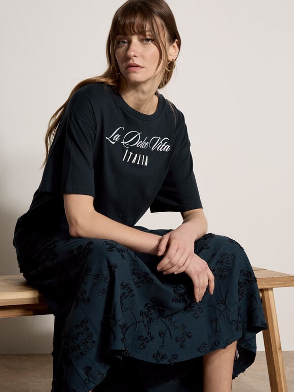 La Dolce Vita Embroidered T-Shirt, Navy, large