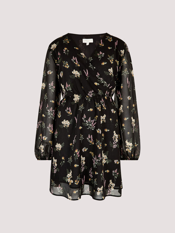 Floral Botanical Wrap Dress, Black, large