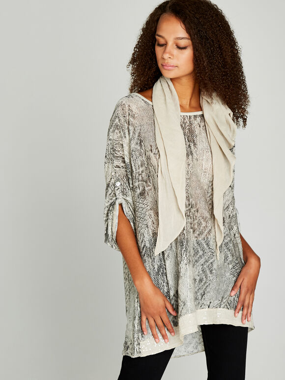  Snakeskin Sequin Top, Stone, large