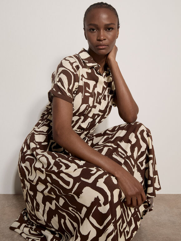Geo Grecian Shirt Midi Dress, Brown, large