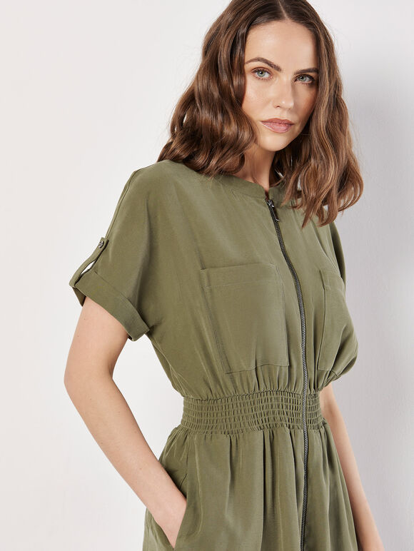 Zip-Down Utility Mini Dress, Khaki, large