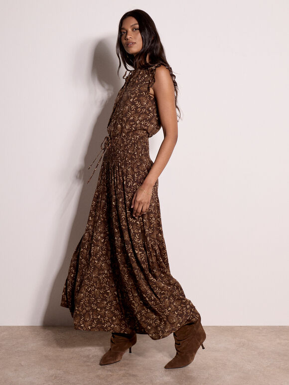 Painterly Paisley Tiered Maxi Skirt, Brown, large