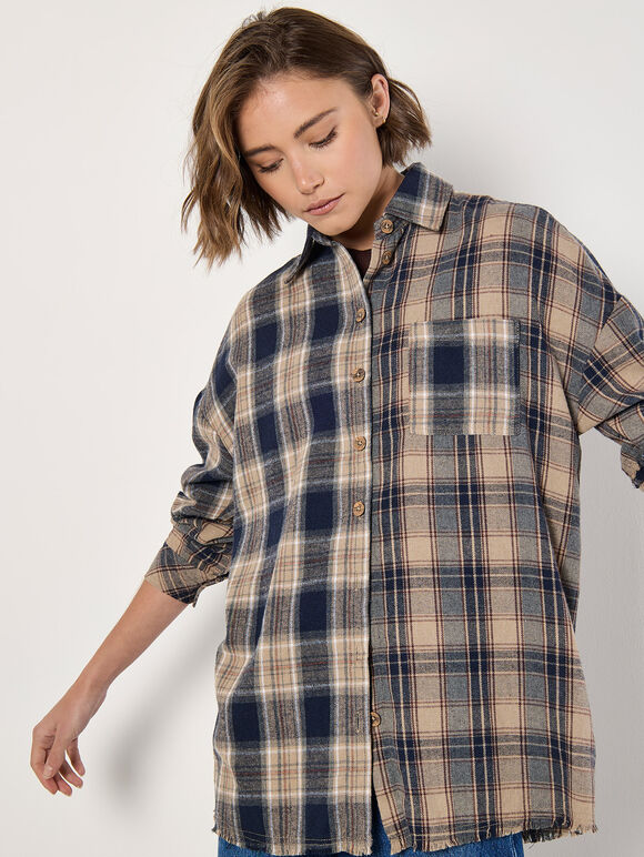 Mixed Check Oversized Shirt, Navy, large