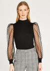 Polkadot Puff Sleeve Ribbed Top, Black, large