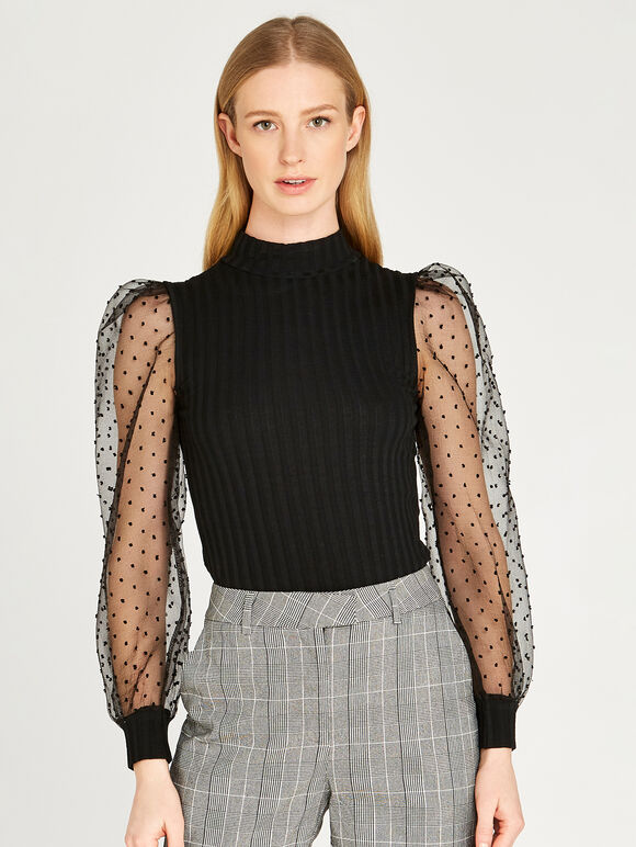 Polkadot Puff Sleeve Ribbed Top, Black, large