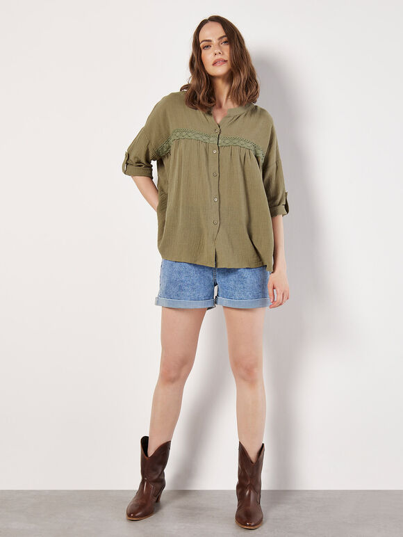 Lace Detail Cotton Blouse, Khaki, large