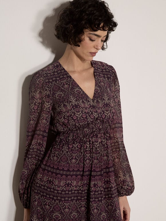 Floral Print Ruffle Midi Dress, Purple, large
