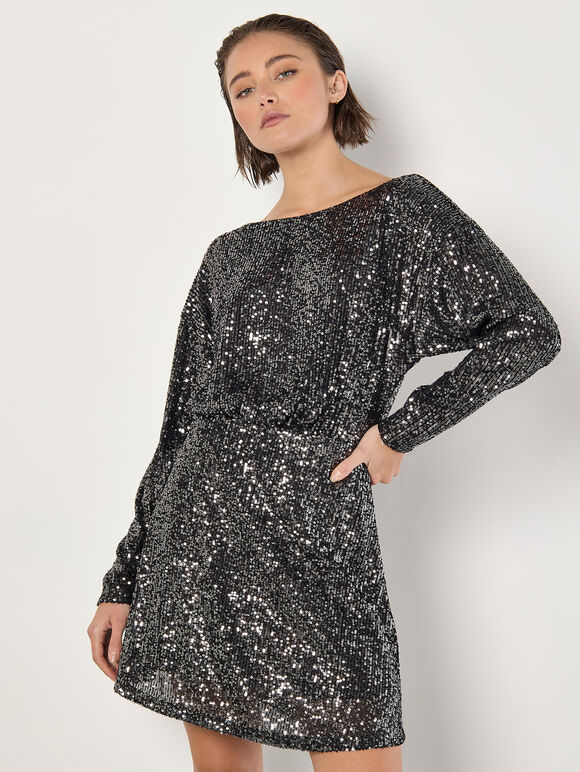 Cowl Back Sequin Mini Dress, Grey, large