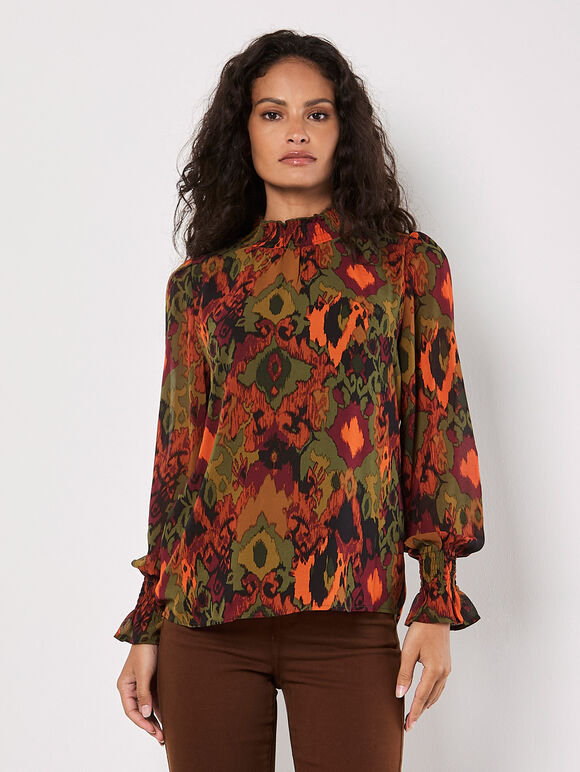 Ikat Print Chiffon Blouse, Khaki, large