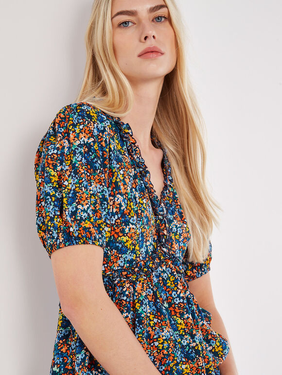 Watercolour Floral Ruffle Top, Navy, large