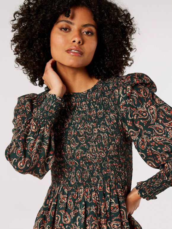 Paisley Puff Sleeve Smocked Top, Green, large