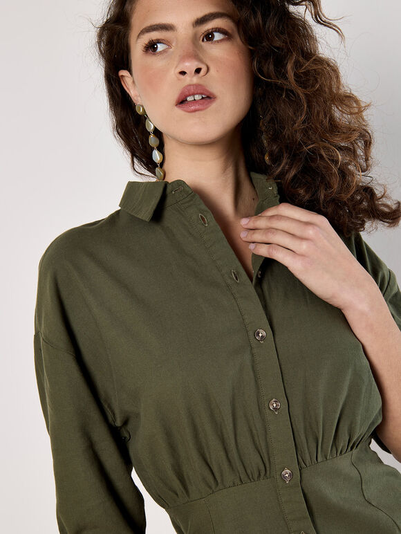 Fitted Twill Shirt Mini Dress, Khaki, large