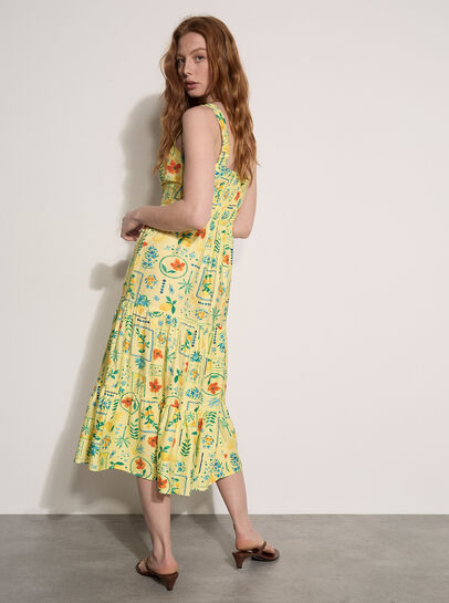 Postcard Print Tiered Midi Dress