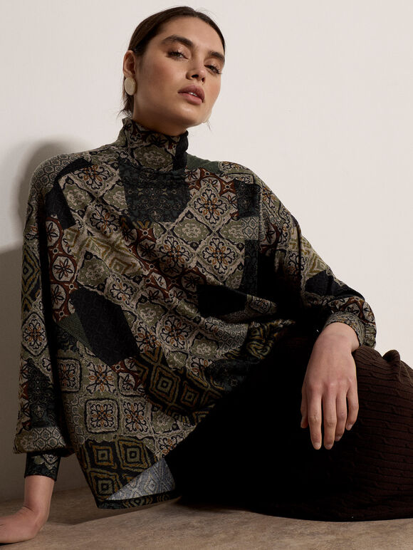 Patchwork Tapestry Roll Neck Top, Khaki, large