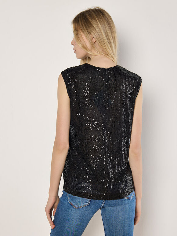Sleeveless Sequin Top, Black, large