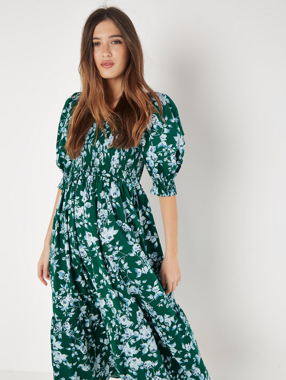 Rose Cotton Milkmaid Midaxi Dress, Green, large