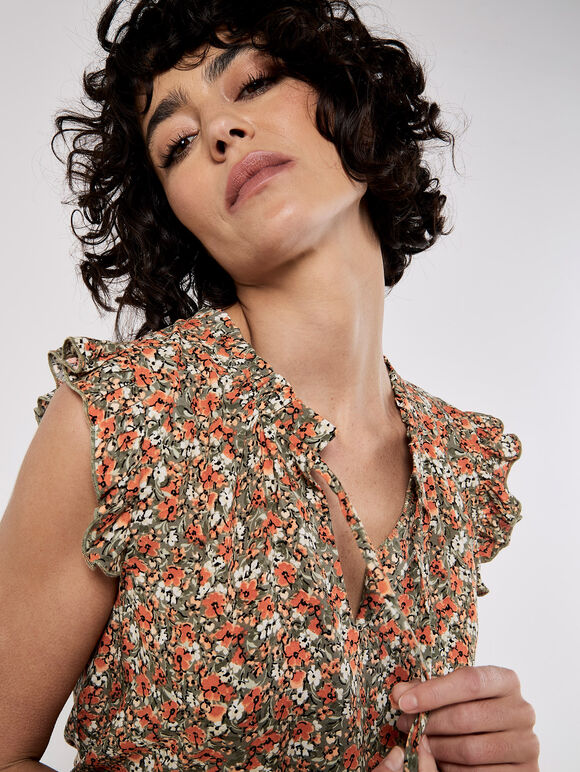 Ditsy Floral Ruffle Sleeve Top, Khaki, large
