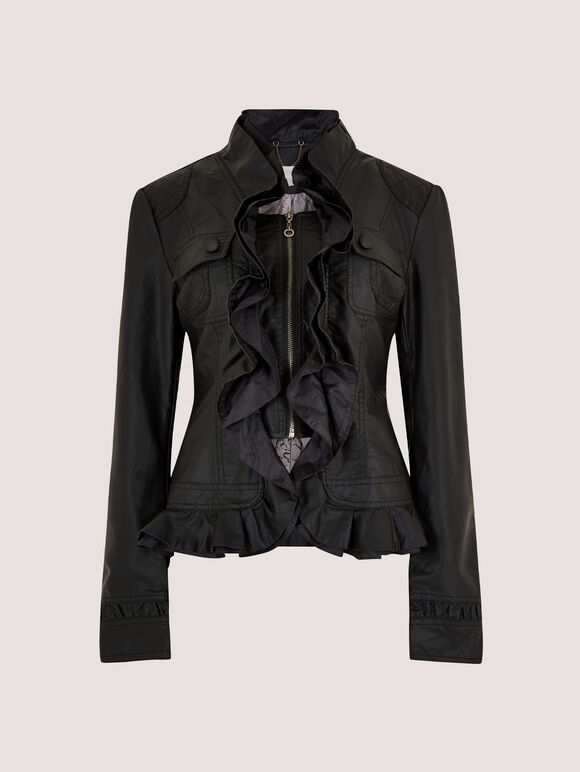Leather -Look Ruffle Jacket, Black, large