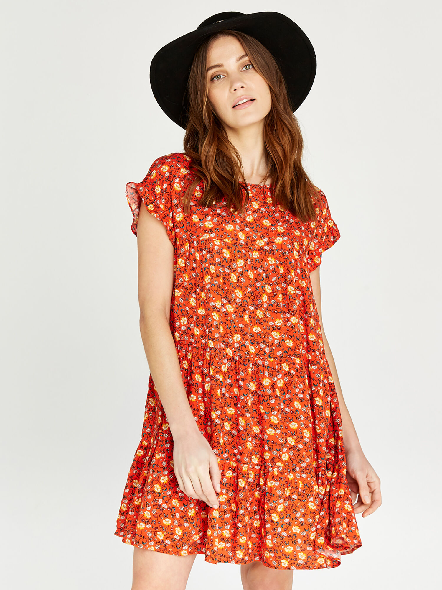Floral Ruffle Sleeve Tiered Dress Apricot Clothing