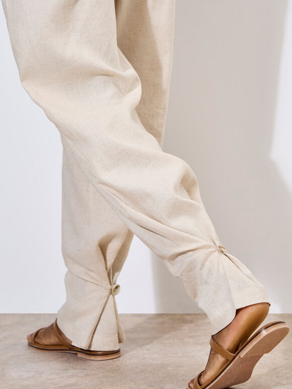 Linen Blend Cinch Hem Trousers, Cream, large
