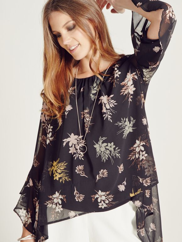 Vintage Floral Flute Sleeve Blouse, Black, large