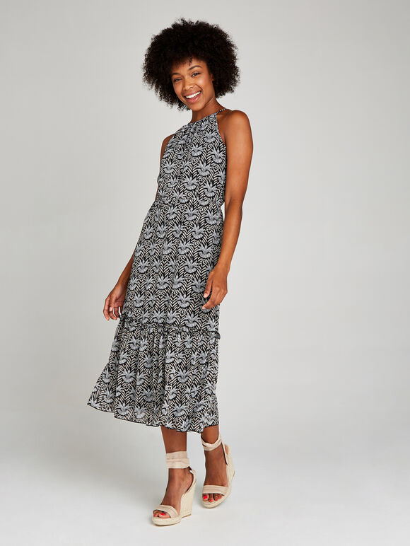 Black Leaf Ruffle Hem Midi Dress, Black, large