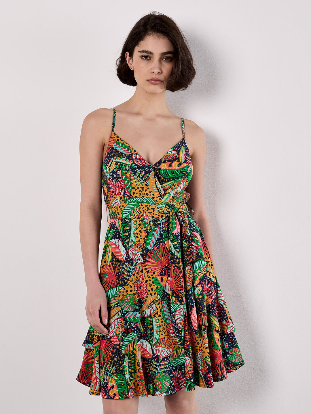 Tropical Print Tiered Cami Mini Dress