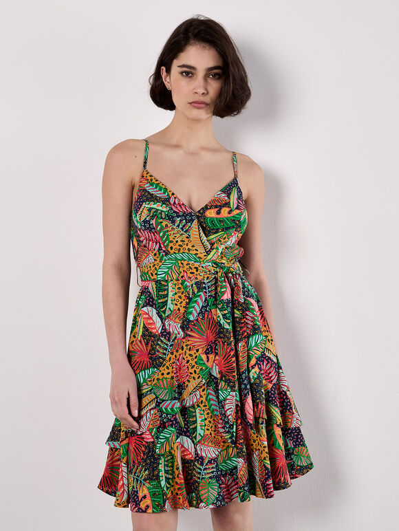 Tropical Print Tiered Cami Mini Dress, Navy, large