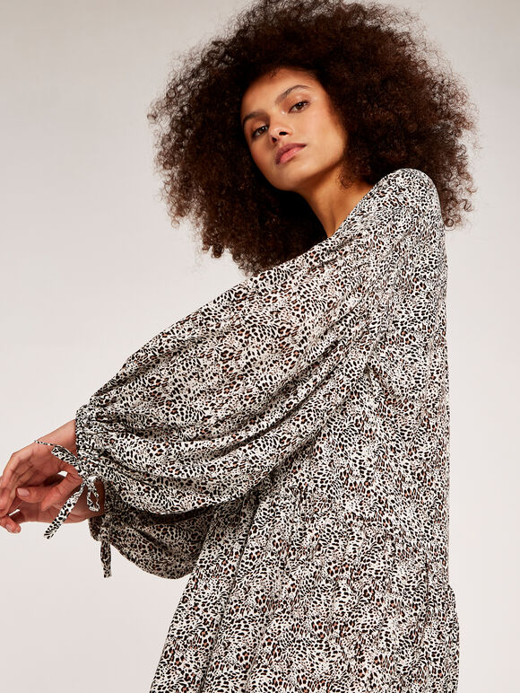 Leopard Drawstring Wrap Dress, Cream, large