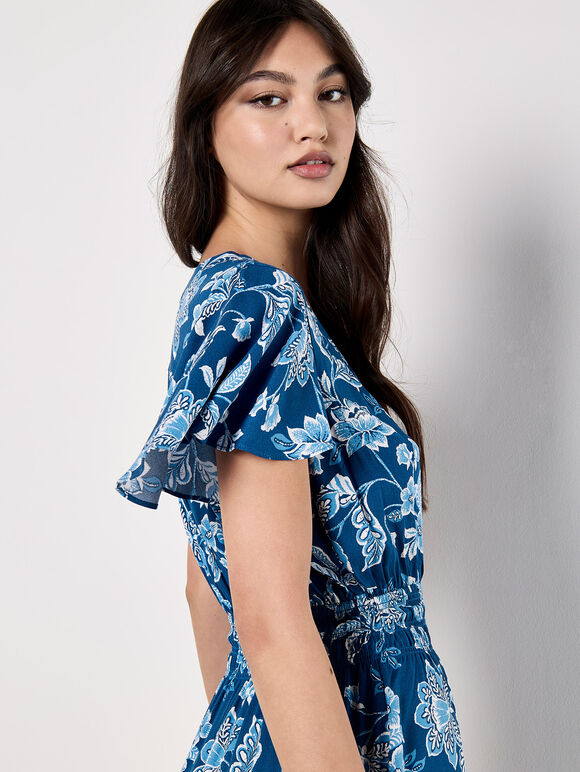 Sarasa Floral Wrap Mini Dress, Blue, large