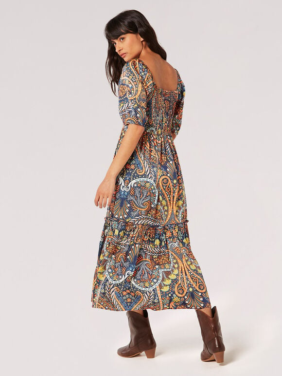 Boho Floral Satin Midi Dress, Navy, large