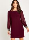 Sheer Sleeve Beaded Cuff Shift Dress, Burgundy, large