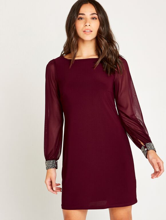 Sheer Sleeve Beaded Cuff Shift Dress, Burgundy, large