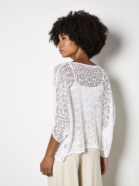 Mesh Popcorn Knit Kaftan Top, White, large