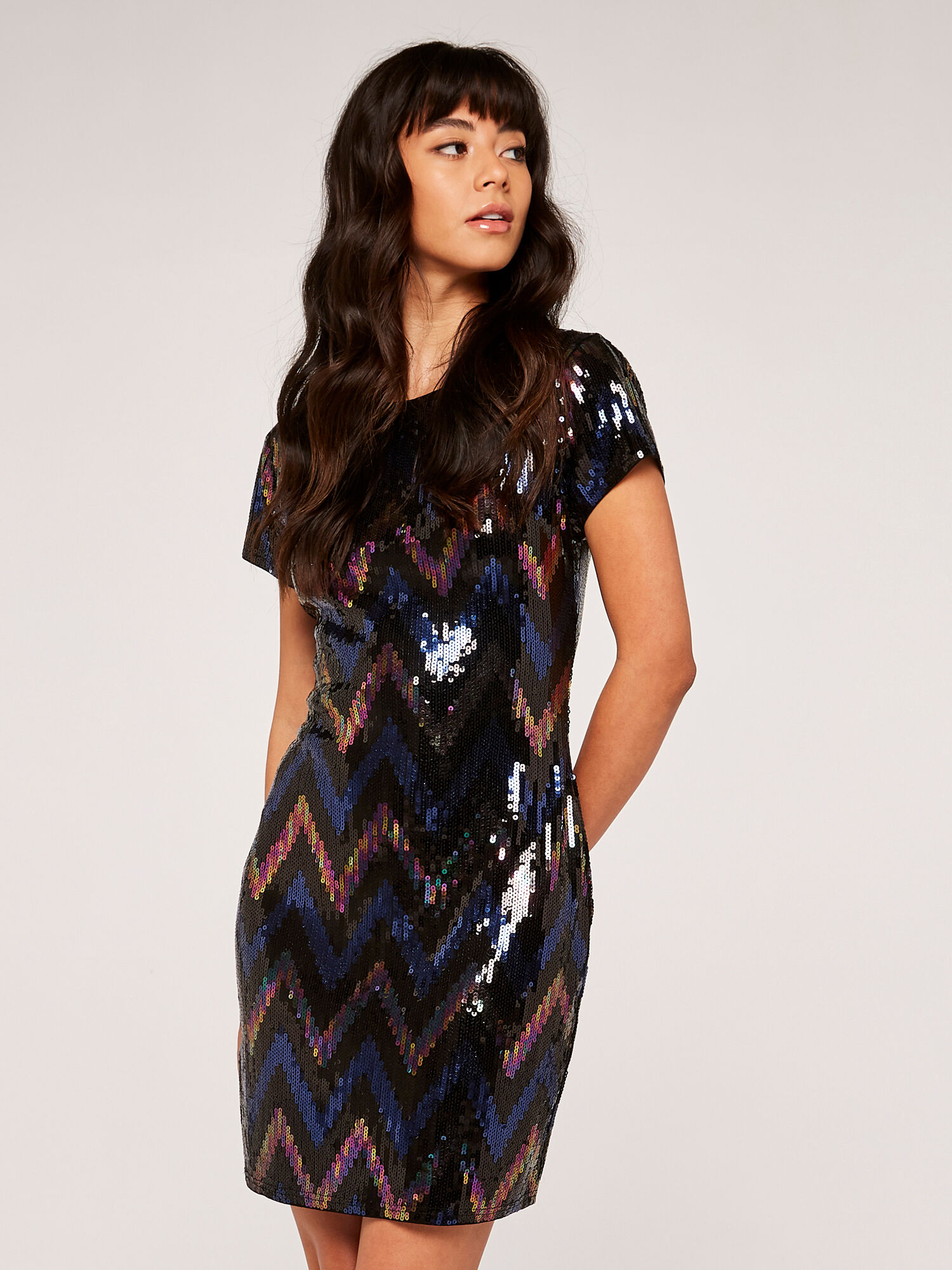 Chevron Sequin Mini Dress Apricot Clothing