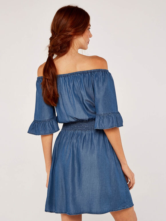 Chambray Bardot Dress, Blue, large