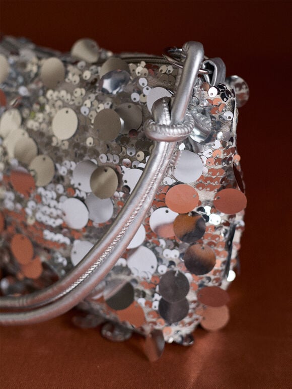 Sequinned Shoulder Bag, Silver, large