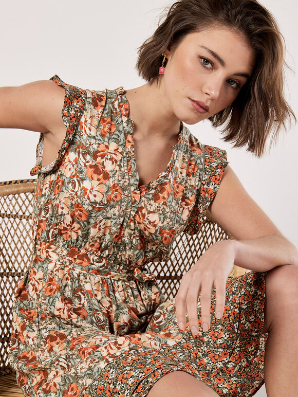 Ditsy Floral Ruffle Mini Dress, Khaki, large