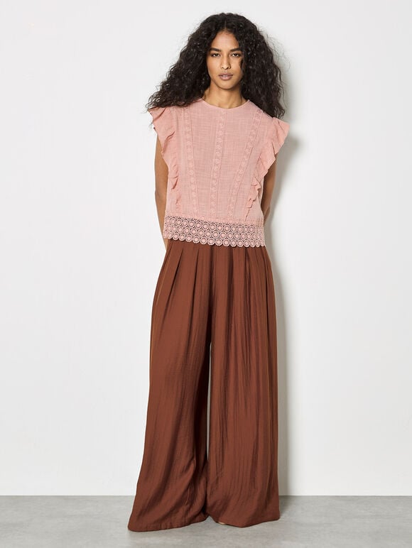 Ruffle Embroidered Cotton Top, Pink, large