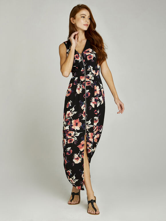 Black Watercolour Zip Front Maxi Dress, Black, large