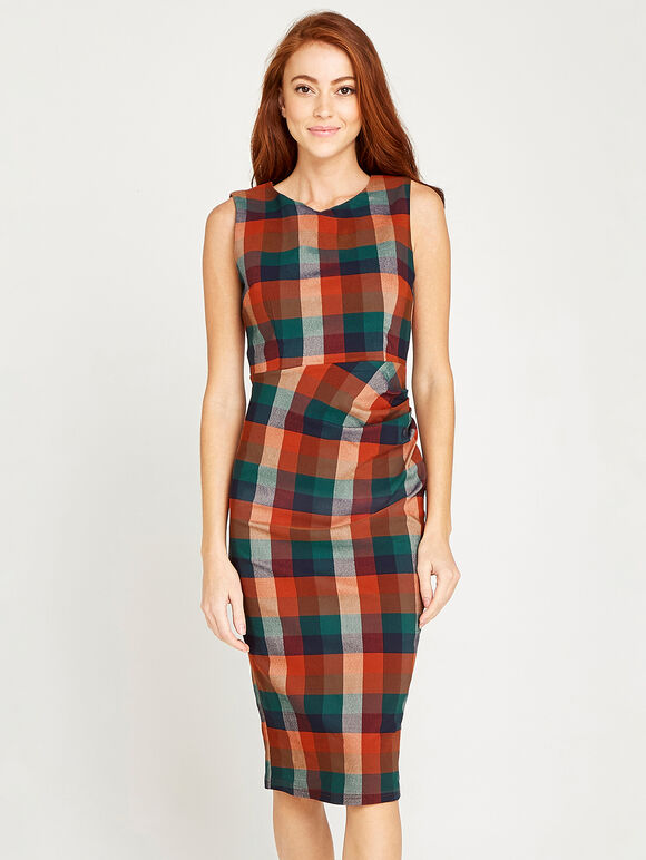 Multi Check Ruched Bodycon Dress, Rust, large