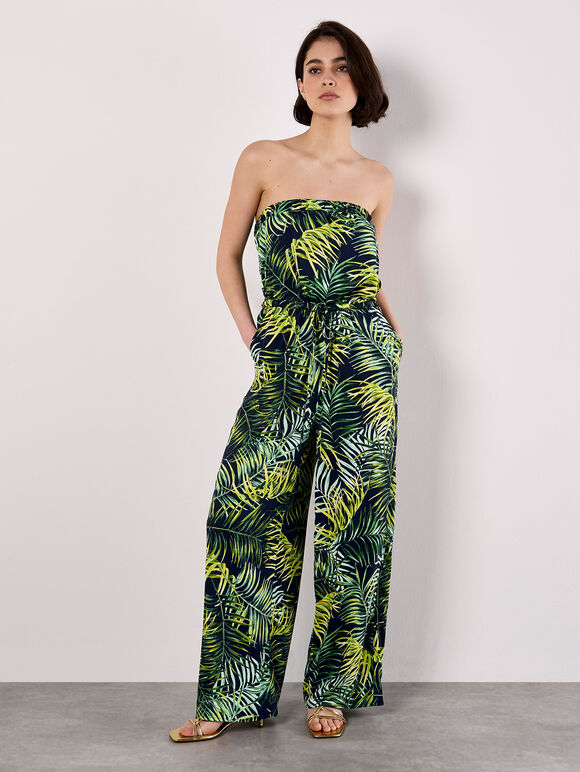 Bandeau Leaf Wide Leg Jumpsuit, Navy, large