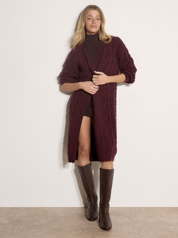 Chunky Cable Knit Longline Cardigan, Plum, large